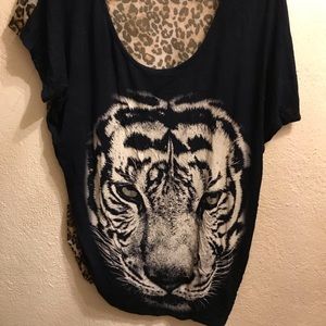 Free Kisses plus sheer animal print Tiger face Top Black Leopard gold 1X women's